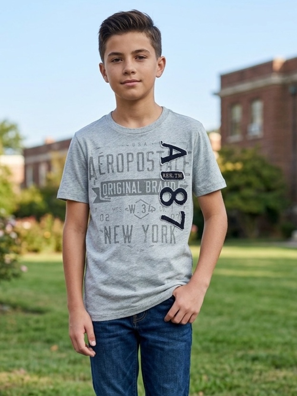 Aeropostale Gray Short Sleeve Graphic Tee dark blue Accent Y2K A0185 kids XL/12